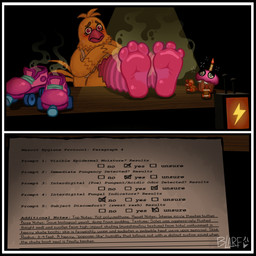3_toes ambiguous_gender anthro barefoot black_border blush border clothing duo embarrassed feet feet_up female female_focus food foot_focus foot_on_table footwear fur furniture looking_at_viewer musk roller_skates shoes_removed smell_profile smelly smelly_feet soles solo_focus spiral spiral_eyes stink_fumes stink_lines table text toes yellow_body yellow_fur blarf022 five_nights_at_freddy's five_nights_at_freddy's:_secret_of_the_mimic five_nights_at_freddy's:_security_breach scottgames steel_wool_studios cupcake_(fnaf) party_time_chica_(fnaf) animate_inanimate avian bird chicken food_creature galliform phasianid 2026 absurd_res english_text hi_res