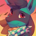 anthro black_hair clothing daww hair kerchief leaf male neckerchief neckwear red_eyes smile solo salanchu nintendo pokemon ethan_(pklucario) fan_character generation_4_pokemon lucario pokemon_(species) 1:1 digital_media_(artwork) digital_painting_(artwork) headshot_portrait icon low_res portrait