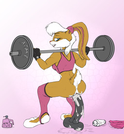 anthro anus barbell barbell_squats biped bodily_fluids bottomless butt clothed clothing crouching dildo dildo_sitting exercise female fingerless_gloves genital_fluids genitals gloves hair handwear legwear lube masturbation messy open_mouth penetration raised_tail scut_tail sex_toy short_tail simple_background solo sport squats tail tail_anus teeth thigh_highs vaginal vaginal_fluids vaginal_masturbation vaginal_penetration vulva weightlifting workout zafara_(artist) looney_tunes warner_brothers lola_bunny lagomorph leporid mammal rabbit hi_res