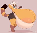ahoge anthro areola big_breasts big_butt black_body black_fur blush blush_lines bodily_fluids bottomwear bracelet breasts brown_body brown_fur butt clothing collar cute_fangs electronics eyes_closed facial_markings fangs female fur hair head_markings huge_breasts huge_butt huge_thighs hyper hyper_breasts jewelry markings motion_lines multicolored_body multicolored_fur open_mouth open_smile orange_body orange_fur phone phone_call shadow shirt shorts side_view simple_background smile solo standing striped_markings striped_tail stripes sweat sweatdrop tail tail_markings teeth text thick_thighs topwear white_body white_fur white_hair low_res_art kiki_(low_res_art) ailurid mammal red_panda hi_res watermark