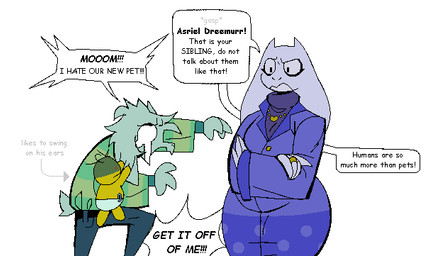 anthro bodily_fluids bottomwear chain chain_jewelry clothing crossed_arms denim denim_bottomwear denim_clothing dialogue diaper directional_arrow ear_pull female fur gold_(metal) gold_chain gold_jewelry green_clothing group hair jeans jewelry male mature_anthro mature_female messy_hair neonate pants purple_clothing red_eyes ring speech_bubble tears text white_body white_fur wide_hips yellow_body young xexeezy deltarune undertale undertale_(series) asriel_dreemurr kris_dreemurr toriel bovid caprine goat human mammal 2025 digital_drawing_(artwork) digital_media_(artwork) english_text