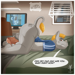 adolescent anthro ass_up balls bedroom bedroom_eyes big_balls big_butt big_glans big_penis biped blonde_hair bodily_fluids border butt clothed clothing dialogue electronics erection foreskin genital_fluids genitals glans hair half-closed_eyes horn humanoid_genitalia humanoid_penis male monitor narrowed_eyes partially_clothed penis penis_backwards precum retracted_foreskin seductive shota small_but_hung solo text thick_penis vein veiny_penis white_border young young_anthro young_but_hung aaron_(artist) eric_(aaron) canid canine mammal rhinoceros 1:1 2017 e621_post_recursion english_text hi_res