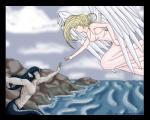 black_border blonde_hair border clothed clothing dress duo feathered_wings feathers female fin hair long_hair male reaching rock rocky_shore romantic romantic_couple scales sea sitting split_form topless water wings koshkio angel marine merfolk scalie 5:4 absurd_res digital_media_(artwork) hi_res