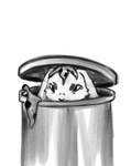 ambiguous_gender banana_peel feral hiding inside_trash_can simple_background solo trash_can white_background demon_deity the_nature_of_predators alien mammal sivkit_(the_nature_of_predators) monochrome