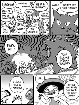 5_panel_comic ambiguous_gender anthro beak biped black_eyes black_text bodily_fluids dialogue ellipsis emphatic_ellipsis exclamation_point eyebrows feet feral fur group looking_at_another mouth_closed open_mouth question_mark raised_arm sharp_teeth shell speech_bubble standing sweat sweatdrop tail talking_to_another talons teeth text toes white_sclera wings flavia-elric nintendo pokemon pokemon_mystery_dungeon spike_chunsoft bayani_(yapc) reina_(yapc) azumarill bellsprout caterpie generation_1_pokemon generation_2_pokemon generation_3_pokemon gengar humanoid kecleon lombre machop mankey metapod pokemon_(species) snubbull squirtle torchic 2025 3:4 comic english_text monochrome