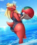 anthro big_breasts big_butt biped blonde_hair blue_eyes breasts butt clothed clothing detailed_background female hair looking_at_viewer looking_back one-piece_swimsuit open_mouth outside pupils red_body solo swimwear thick_thighs three-quarter_view jmf nintendo pokemon blaziken generation_3_pokemon pokemon_(species) 5:6 hi_res