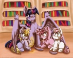 blonde_hair book bookshelf feathered_wings feathers female fur furniture glowing green_eyes group hair horn levitation library magic multicolored_hair pink_hair purple_body purple_eyes purple_fur purple_hair sitting sparkles two_tone_hair wings yellow_eyes inuhoshi-to-darkpen friendship_is_magic hasbro my_little_pony mythology berry_pinch_(mlp) dinky_hooves_(mlp) sweetie_belle_(mlp) twilight_sparkle_(mlp) equid equine mammal mythological_creature mythological_equine unicorn winged_unicorn 2013