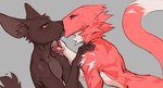 anthro biped brown_body brown_fur duo french_kissing fur grey_background half-closed_eyes kissing male male/male narrowed_eyes red_body red_fur simple_background tail white_body white_fur raptoral raptoral_(character) canid canine mammal sergal 2023 absurd_res digital_media_(artwork) hi_res