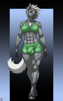 5_fingers abs anthro athletic_wear balls_outline biceps big_breasts big_bulge big_muscles biped blue_eyes bottomwear breasts bulge clothed clothed_gynomorph clothed_intersex clothing detailed_bulge fauxhawk fingers freckled_shoulders freckles genital_outline green_bottomwear green_clothing green_topwear grey_body gym_bottomwear gym_shorts gynomorph gynomorph_anthro hair hooves intersex intersex_anthro looking_at_viewer markings muscular muscular_anthro muscular_gynomorph muscular_intersex navel penis_outline quads short_hair shorts simple_background smile solo sportswear spot_freckles spots spotted_shoulders standing tail teeth topwear trapezius walking white_hair iginger darkness_(iginger) equid equine horse mammal 2025 digital_media_(artwork) full-length_portrait hi_res portrait