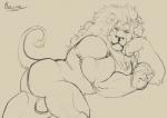 5_fingers anthro arm_support backsack balls biceps butt claws eyebrows fingers genitals leaning_on_elbow looking_at_viewer lying male mane muscular muscular_anthro muscular_male nude on_front pose raised_tail side_view simple_background solo tail tail_tuft tuft raivenderouthelion felid lion mammal pantherine 2016 digital_drawing_(artwork) digital_media_(artwork) monochrome pinup signature sketch