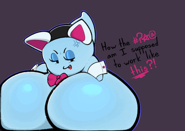 angry big_breasts black_eyes blue_body blue_breasts blue_eyeshadow bow_tie breasts censored_text cross-popping_vein cuff_links dialogue exclamation_point eyeshadow fake_cat_ears fake_ears female huge_breasts hyper hyper_breasts makeup narrowed_eyes not_furry open_mouth question_mark simple_background solo text ediblecrustables mario_bros nintendo paper_mario:_the_thousand_year_door peeka_(mario) boo_(mario) ghost spirit 2026 digital_media_(artwork) english_text hi_res