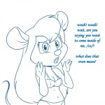 1:1 34from1800 anthro blue_and_white bra breasts chip_'n_dale_rescue_rangers cleavage clothed clothing dialogue disney english_text eyebrows eyelashes female gadget_hackwrench hair lonbluewolf mammal monochrome mouse murid murine open_mouth panties raised_eyebrow rodent simple_background solo talking_to_viewer text underwear unknown_artist