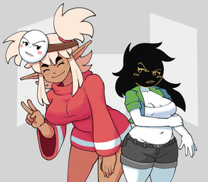 5_fingers ^_^ alternate_costume black_eyebrows black_hair black_head blush blush_lines blush_stickers bottomwear breasts brown_body brown_ears brown_skin cleavage clothed clothing clothing_swap crop_top duo eyebrows eyes_closed female fingers freckled_face freckles gesture green_clothing green_jacket green_topwear grey_background grey_bottomwear grey_clothing grey_shorts hair hand_gesture hand_on_leg hand_on_own_leg hand_on_own_thigh hand_on_thigh hooded_robe humanoid_pointy_ears jacket long_hair looking_at_another markings mole_(marking) mole_on_breast navel not_furry open_clothing open_jacket open_topwear pigtails pink_blush pointy_ears red_clothing red_robe robe sharp_teeth shirt shorts simple_background smile tan_hair teeth topwear v_sign white_body white_breasts white_clothing white_crop_top white_skin white_topwear yellow_blush yellow_eyes genocityzone autumn_(genocityzone) sadie_(genocityzone) bandit_(mario) elf humanoid 2025 digital_media_(artwork)