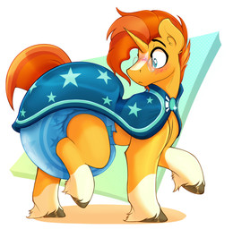 big_diaper blaze_(marking) blue_diaper blush cloak clothing diaper eyewear facial_markings feral fur glasses hair head_markings hooves horn leg_markings male markings orange_hair round_glasses socks_(marking) solo yellow_body yellow_fur czu friendship_is_magic hasbro my_little_pony mythology sunburst_(mlp) equid equine mammal mythological_creature mythological_equine unicorn absurd_res hi_res