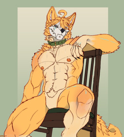 abs anthro biceps blonde_hair blue_eyes bodily_fluids bone bone_mask chair claws collar collar_only featureless_crotch fluffy fur furniture green_eyes hair looking_at_viewer male male_anthro mask multicolored_body muscular muscular_anthro muscular_legs muscular_male nipples nude on_chair orange_body orange_fur pecs simple_background sitting sitting_on_chair skull skull_head skull_mask solo sweat tail tan_body tan_fur teeth tuft white_body yellow_body yellow_fur milajanh art_fight canid canine canis domestic_dog mammal wolf 2026 absurd_res digital_media_(artwork) hi_res