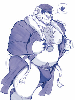 anthro barazoku bathrobe bulge clothing facial_hair fur hat headgear headwear jockstrap looking_at_viewer male muscular muscular_anthro muscular_male nipples robe solo underwear dannon-5 happy_tree_friends pop_(htf) bear mammal absurd_res digital_media_(artwork) hi_res monochrome sketch
