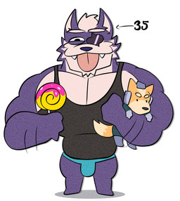 anthro arm_hair big_muscles big_pecs black_clothing black_shirt black_tank_top black_topwear blue_clothing blue_underwear body_hair bulge candy character_age cheek_tuft clothing dessert directional_arrow eye_patch eyewear facial_tuft food fur grey_body grey_fur holding_candy holding_food holding_lollipop holding_object holding_plushie huge_pecs lollipop looking_at_viewer male muscular muscular_anthro muscular_male pecs plushie shirt silly_face simple_background solo tank_top tongue tongue_out topwear tuft underwear white_background janjauwu nintendo star_fox fox_mccloud wolf_o'donnell canid canine canis mammal wolf 2026 hi_res