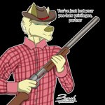 angry anthro blonde_hair chin_tuft clothing cowboy cowboy_hat dialogue facial_tuft fur green_eyes gun hair hat headgear headwear holding_gun holding_object holding_ranged_weapon holding_shotgun holding_weapon humor looking_at_viewer male mature_male narrowed_eyes ranged_weapon shirt shotgun simple_background solo text threatening threatening_viewer threatening_with_weapon topwear transparent_background tuft weapon yellow_body yellow_fur zer0rebel4 stanley_(zer0rebel4) bird_dog canid canine canis domestic_dog golden_retriever great_dane hunting_dog mammal mastiff mixed_breed molosser retriever 1:1 2022 absurd_res alpha_channel english_text half-length_portrait hi_res meme portrait reaction_image shaded