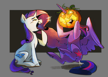 duo female feral food fruit horn jack-o'-lantern laugh plant pumpkin simple_background wings maxiima friendship_is_magic hasbro my_little_pony mythology rarity_(mlp) twilight_sparkle_(mlp) equid equine mammal mythological_creature mythological_equine unicorn winged_unicorn absurd_res hi_res