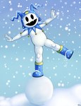 anthro balancing boots clothing fangs footwear hat headgear headwear looking_at_viewer male mostly_nude on_one_leg shoes smile smiling_at_viewer snow snowball snowing solo spread_arms spread_legs spreading standing teeth white_body jimfoxx atlus megami_tensei sega jack_frost_(megami_tensei) demon imp 2022 hi_res signature