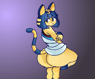 :< anthro big_butt biped black_eyes blue_eyeshadow blue_hair bob_cut bottomless bracelet butt clothed clothing crossed_arms eyeshadow female hair jewelry kalasiris kneeling looking_back makeup markings purple_background rear_view seiza short_hair simple_background sitting solo striped_markings striped_tail stripes tail tail_markings thick_thighs topwear uraeus yellow_body kirbyoblue animal_crossing nintendo ankha_(animal_crossing) domestic_cat felid feline felis mammal 2020 6:5 digital_media_(artwork) full-length_portrait hi_res portrait