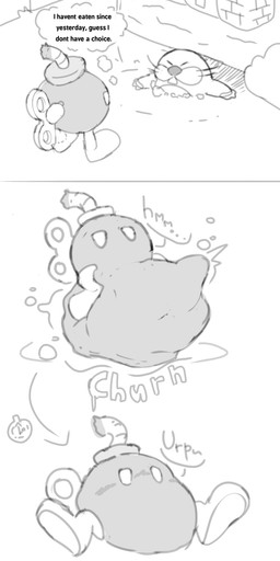 ambiguous_gender belly bomb digestion digestion_sequence explosives fatal_vore feral male male/male onomatopoeia sound_effects text unusual_vore vore watagenodebi mario_bros nintendo bob-omb eulipotyphlan mammal mole_(animal) monty_mole sphere_creature waddling_head comic english_text hi_res monochrome