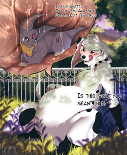 abdominal_bulge anthro belly big_belly blush bodily_fluids collar extreme_size_difference feet female feral feral_on_feral fully_inside fur hand_on_belly inside_stomach internal licking licking_lips male male/female micro open_mouth oral_vore organs purple_body semi-anthro size_difference soft_vore stomach stomach_acid tail text tongue tongue_out vore white_body white_fur yellow_body yellow_fur shyryp 101_dalmatian_street 101_dalmatians disney nintendo pokemon blaze_(blaze_water_sage) dolly_(101_dalmatians) canid canine canis dalmatian domestic_dog eevee generation_1_pokemon mammal pokemon_(species) absurd_res digital_media_(artwork) english_text hi_res