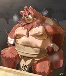 anthro bandage belly big_belly brown_body brown_fur fur group humanoid_hands kemono male moobs nipples overweight overweight_male solo solo_focus sumo sumo_wrestler hon55728 canid canine mammal raccoon_dog tanuki 2024 hi_res