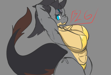 abs anthro big_breasts bikini breasts clothing female fur gold_bikini hands_behind_back huge_breasts looking_at_viewer non-mammal_breasts presenting_armpit raised_arms solo swimwear tail thick_tail thick_thighs two-piece_swimsuit siatdusk golden_week mythology sia_(zeemid) dragon furred_dragon furred_scalie mythological_creature mythological_scalie scalie