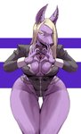 amber_eyes anthro blonde_hair breasts cleavage clothed clothing ear_piercing ear_ring female fur gesture hair heart_gesture jewelry looking_at_viewer necklace piercing purple_body purple_fur ring_piercing simple_background solo thigh_gap wide_hips redfred dungeon_fighter_(franchise) doghead_(dungeon_fighter) canid canine canis jackal mammal 2020 hi_res portrait three-quarter_portrait