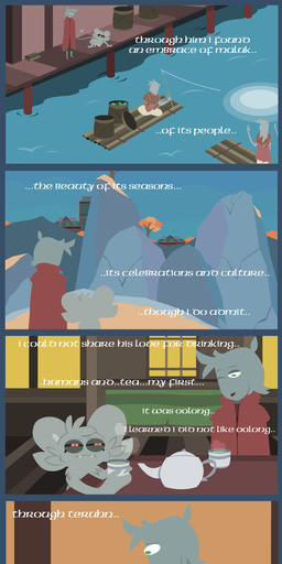 anthro beverage black_sclera blush blush_lines female fishing fishing_rod flashback font_change fur grey_body grey_fur male narration raft red_eyes teapot text water shane_frost human humanoid mammal absurd_res comic english_text hi_res long_image tall_image