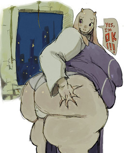 anthro belly big_belly big_breasts big_butt breasts butt butt_grab clothing dialogue female hand_on_butt huge_belly huge_breasts huge_butt mature_anthro mature_female nipple_outline obese obese_anthro obese_female overweight overweight_anthro overweight_female purple_eyes simple_background solo squish text thick_thighs white_body wide_hips dedecker undertale_(series) toriel boss_monster_(undertale) bovid caprine mammal hi_res