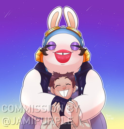 5_fingers accessory anthro arms_bent black_clothing black_eyebrows black_hair black_topwear black_vest black_wristband blue_clothing blue_headband blue_shirt blue_sky blue_topwear blush blush_lines brown_hair button_(fastener) clear_sky clothed clothed_anthro clothed_female clothing double_chin duo ear_piercing eyebrows eyelashes eyeshadow eyewear eyewear_on_head female fingers fully_clothed fully_clothed_anthro fully_clothed_female fur goggles goggles_on_head grey_clothing grey_overalls hair happy headband hug hugging_another hugging_from_behind larger_anthro larger_female light lips long_ears makeup male male/female male_human mitten_hands noseless nut_(hardware) obese obese_anthro obese_female open_clothing open_topwear open_vest outside overalls overweight overweight_anthro overweight_female piercing purple_eyeshadow red_lips shirt shooting_star short_hair size_difference sky smaller_human smaller_male star starry_sky tan_body tan_inner_ear tan_skin teeth text thick_lips tooth_gap toothy_grin topwear vest white_body white_clothing white_fur white_shirt white_topwear jami_purple mario_bros mario_plus_rabbids_sparks_of_hope nintendo raving_rabbids rayman_(series) ubisoft momma_(mario_plus_rabbids) human lagomorph mammal rabbid 2024 absurd_res artist_name crossover digital_drawing_(artwork) digital_media_(artwork) english_description english_text hi_res lighting shaded