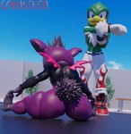 3d_(artwork) anthro balls big_butt bottomless bottomwear butt camseven clothed clothing dark_gaia digital_media_(artwork) duo ear_piercing femboy fur genitals grey_hair hair hi_res male mammal notched_ear outside piercing purple_body purple_fur rear_view ring_piercing sega sitting size_difference sonic_the_hedgehog_(series) sonic_unleashed stretching teapot_(body_type) topless topwear unknown_species watermark wide_hips wings