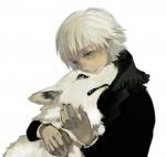 daww domestic_pet duo ears_back feral fur hands_on_neck hug monotone_background neck_hug pivoted_ears simple_background teeth white_background white_body white_fur rt0no canid canine canis human mammal wolf digital_media_(artwork) digital_painting_(artwork)