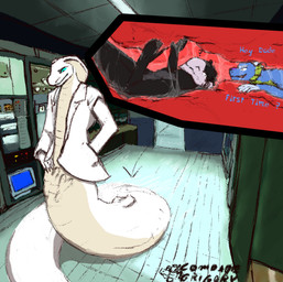 abdominal_bulge ambiguous_fluids ambiguous_gender anthro apode clothing coat detailed_background electronics group humor joke lab_coat laboratory legless monitor oral_vore organs serpentine sliding speech_bubble stomach text tile topwear trio vore comrade_grigory mythology x-com draconcopode dragon mythological_creature mythological_scalie naga scalie viper_(x-com) hi_res