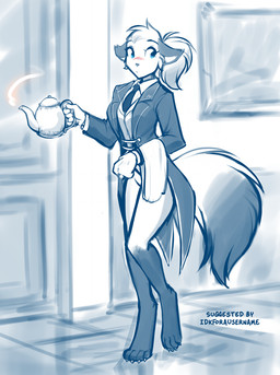 4_toes 5_fingers accessory anthro arms_bent barefoot bent_leg biped blue_eyes blush blush_lines bottomless bottomless_anthro bottomless_female breasts butler claws clothed clothed_anthro clothed_female clothing collared_shirt crossgender digitigrade dipstick_tail door dress_shirt eyebrows eyelashes featureless_crotch feet female female_anthro fingers floor fluffy fluffy_tail front_view fur gloves hair handwear holding_object holding_teapot humanoid_hands inside iris jacket leg_markings looking_aside looking_back markings medium_breasts medium_hair mouth_closed mtf_crossgender multicolored_body multicolored_fur necktie on_one_leg ponytail pupils red_blush shirt slim slim_anthro slim_female socks_(marking) solo standing straight_leg tail tail_markings teapot text three-quarter_view tied_hair toe_claws toes topwear undershirt vest wall_(structure) conditional_dnp tom_fischbach twokinds mike_(twokinds) canid canine fox keidran mammal 2026 blue_and_white digital_drawing_(artwork) digital_media_(artwork) english_text full-length_portrait hi_res monochrome portrait sketch spot_color