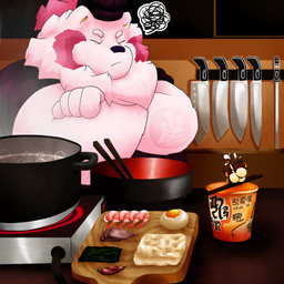 angry antennae_(anatomy) anthro appliance belly black_clothing bodily_fluids chef_hat chopsticks clothing crossed_arms cutlery cutting_board duo egg eyes_closed food fur hair hat headgear headwear highlights_(coloring) kitchen kitchen_knife kitchen_utensils knife larger_male male male/male micro noodles obese obese_anthro obese_male overweight overweight_anthro overweight_male peppers pink_body pink_fur pork_cutlet portable_stove ramen_bowl scribbles seaweed shrimp_(food) simple_background size_difference stare stern_look stove sweat sweatdrop text tools white_body white_fur wings fujiyama_samoyed cup_noodles bumble_beans_(fujiyamasamoyed) fujiyama_kenhaku arthropod bee bumble_bee_(species) canid canine canis domestic_dog hybrid hymenopteran insect mammal nordic_sled_dog raccoon_dog samoyed spitz tanuki 1:1 constructed_language constructed_script digital_media_(artwork) hi_res shaded soft_shading watermark