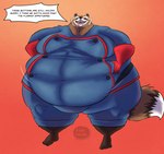 anthro barefoot belly belly_grab big_belly big_moobs blue_bottomwear blue_clothing blue_pants bottomwear button_(fastener) clothing dialogue feet fupa gloves gradient_background hand_on_belly handwear male moobs obese obese_anthro obese_male open_mouth overweight overweight_anthro overweight_male pants red_clothing red_eyes red_gloves red_handwear simple_background solo speech_bubble standing text thick_thighs tight_clothing basicbiscuit guardians_of_the_galaxy marvel rocket_raccoon mammal procyonid raccoon absurd_res english_text hi_res