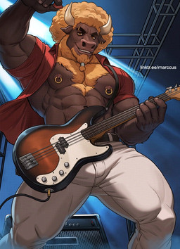 5_fingers abs afro amplifier anthro bass_guitar beard biceps body_hair bottomwear brown_body brown_fur bulge chest_hair clothed clothing ear_piercing eyebrow_piercing eyebrows facial_hair facial_piercing fingernails fingers fur guitar guitar_pick hair holding_musical_instrument holding_object inside looking_at_viewer male muscular muscular_male muscular_thighs musical_instrument nails navel nipple_piercing nipple_ring nipples open_clothing open_shirt open_topwear orange_eyes orange_hair pants piercing playing_music plucked_string_instrument pose raised_arm red_clothing red_shirt red_topwear ring_piercing rocking_out shirt smile solo string_instrument text thick_eyebrows tight_bottomwear tight_clothing tight_pants topwear white_bottomwear white_clothing white_pants rnarccus bovid bovine cattle mammal 2025 digital_drawing_(artwork) digital_media_(artwork) url