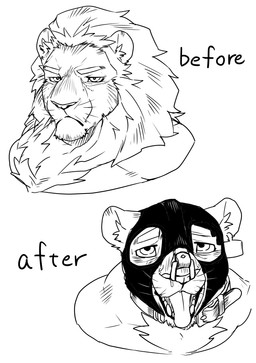 anthro bdsm before_and_after bodily_fluids collar corruption ear_piercing ear_tag frown gimp_mask male mask mouth_closed nose_hook piercing serious shaved_head simple_background slave snot solo submissive submissive_male text tongue tongue_out doggycoffee felid lion mammal pantherine absurd_res english_text headshot_portrait hi_res line_art monochrome portrait