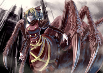 accessory blonde_hair bow_ribbon brown_clothing brown_dress brown_eyes clothed clothed_female clothed_taur clothing dress female frown hair hair_accessory hair_bow hair_ribbon juliet_sleeves long_sleeves puffy_sleeves ribbons solo pijirion touhou yamame_kurodani arachnid arachnid_taur arthropod arthropod_taur humanoid_taur spider spider_taur taur absurd_res archived_source hi_res unavailable_at_source
