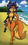 anthro beach bikini blue_hair clothing eyewear female fluffy fluffy_tail fur hair lipstick long_legs makeup navel one-piece_swimsuit orange_body orange_fur pose seaside sling_bikini solo sunglasses swimwear tail two-piece_swimsuit shinragod sly_cooper_(series) sony_corporation sony_interactive_entertainment sucker_punch_productions carmelita_fox canid canine fox mammal hi_res pinup