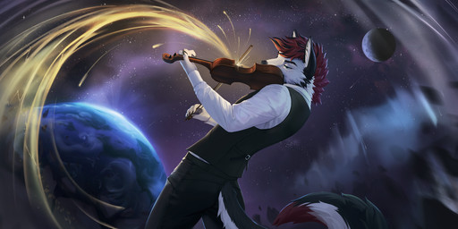 anthro bowed_string_instrument clothed clothing formal_wear fur male musical_instrument planet solo space string_instrument topwear vest violin violinist white_body white_fur lynncore canid canine canis mammal wolf 2021 digital_media_(artwork)