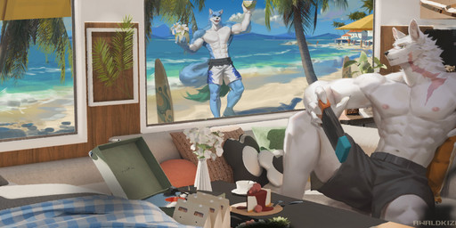 abs anthro beach black_bottomwear black_clothing black_nose black_shorts blue_body blue_bottomwear blue_clothing blue_eyes blue_fur blue_shorts blue_tail bottomwear cheek_tuft clothed clothing duo facial_tuft fur green_eyes holding_nintendo_switch male muscular muscular_anthro muscular_male navel neck_tuft nipples open_mouth open_smile palm_tree pecs pink_nipples plant shorts sitting smile standing tail text topless tree tuft water white_body white_bottomwear white_clothing white_fur white_shorts awaldkize canid canine mammal 2025 absurd_res artist_name dated hi_res