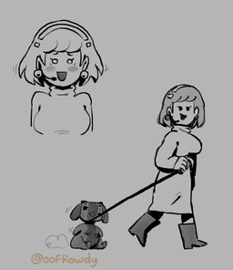 5_fingers :> accessory anthro big_breasts black_collar black_eyes black_leash black_nose blush blush_stickers boots breast_size_difference breasts clothed clothed_human clothing collar duo ear_piercing ear_ring eyelashes featureless_breasts female female_anthro female_human fingers floppy_ears footwear fully_clothed fully_clothed_human grey_background grey_body grey_ears headband larger_human leash leash_pull leashed_collar looking_at_viewer lop_ears medium_breasts open_mouth open_smile piercing ring_piercing shoes simple_background sitting size_difference slightly_chubby slightly_chubby_anthro small_nose smaller_anthro smile smiling_at_viewer text thick_thighs oofrowdy nintendo nintendo_switch amelia_n. switch_dog canid canine canis domestic_dog human mammal 2020 artist_name digital_drawing_(artwork) digital_media_(artwork) greyscale hi_res monochrome watermark