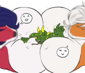 anthro between_breasts big_breasts blue_hair breast_squish breasts female forked_tongue fur green_body green_scales group hair horn huge_breasts larger_female male male/female orange_body orange_skin pressing_breasts_together red_body red_fur scales size_difference smaller_male squish teasing tongue trapped trio white_body white_fur white_hair pewas mythology rexi_awoosuko_(devildjmachine) aquatic canid canine dragon fish fox mammal mythological_creature mythological_scalie scalie shark hi_res