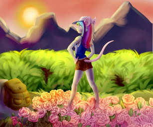 anthro backpack baseball_cap biped blonde_hair blue_hair clothed clothing detailed_background female flower fur furgonomics green_hair grey_body grey_fur hair hat headgear headwear multicolored_hair orange_hair pink_body pink_hair pink_skin plant purple_eyes purple_hair rainbow_hair rear_view red_hair rose_(flower) solo standing sunset tail tail_clothing kooli dani_taylor mammal mouse murid murine rodent 2015 hi_res