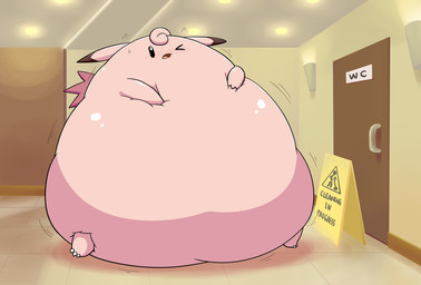 3_fingers 3_toes ambiguous_anthro ambiguous_gender anthro baseboard beady_eyes bladder_inflation blush blush_lines ceiling curled_tail desperation dipstick_ears door door_handle ear_markings expansion feet fingers fur head_tuft hyper hyper_inflation hyper_omorashi immobile inflation inside light lights multicolored_ears omorashi one_eye_closed out_of_order pink_body pink_fur pseudo_wings shaking solo tail toes trembling tuft wall_(structure) wall_lighting wet_floor_sign wings yellow_wall selphy6 nintendo pokemon clefable generation_1_pokemon pokemon_(species) colored digital_drawing_(artwork) digital_media_(artwork) hi_res lighting shaded