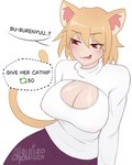 animal_humanoid anthro arcueid_brunestud atsuii bedroom_eyes blonde_hair breasts cat_humanoid cleavage cleavage_cutout clothed clothing conditional_dnp cutout felid felid_humanoid feline feline_humanoid female hair half-closed_eyes hi_res humanoid inner_ear_fluff licking licking_lips mammal mammal_humanoid narrowed_eyes neco-arc red_eyes seductive simple_background solo text tongue tongue_out topwear tsukihime tuft type-moon